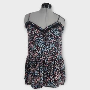 Stitch & Pine Spaghetti Strap Top Women's S Floral BabyDoll Lined Lace Tiered